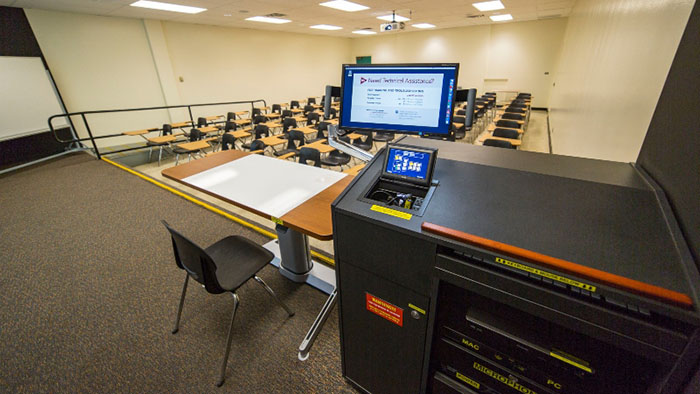 View of 60 seat lecture hall from the instructor podium